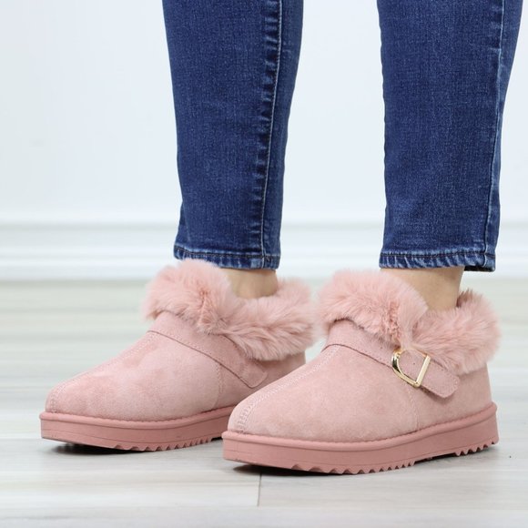 Faux Pink Suede Fuzzy Warm Ankle Booties Super Cozy Fully Lined - Picture 12 of 13